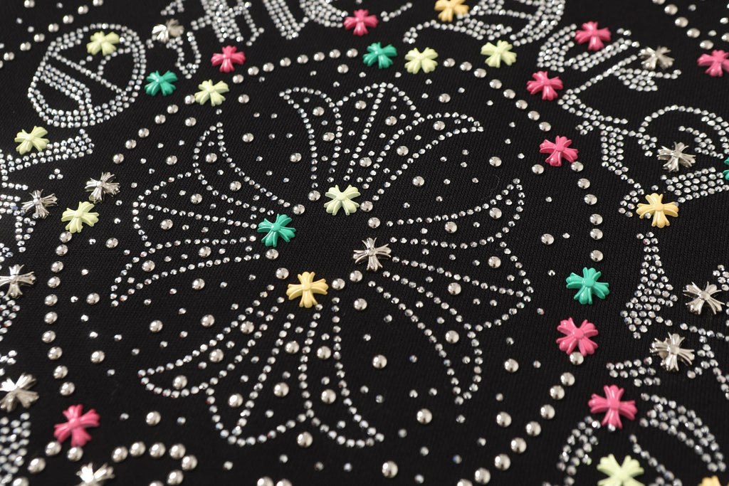 Chrome-Hearts Colorful Rhinestone Hoodie - Black Gothic Street Sweatshirt 2608