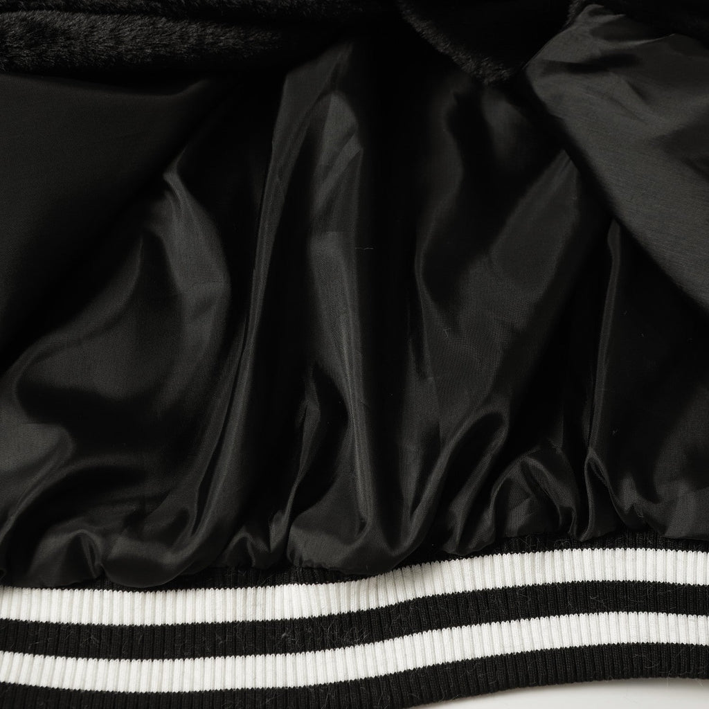 Chrome-Hearts Faux Fur Cross Varsity Jacket - Black White Gothic Streetwear 035