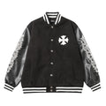 Chrome-Hearts Cross Embroidered Leather Sleeve Varsity Jacket - Black Street Style 116