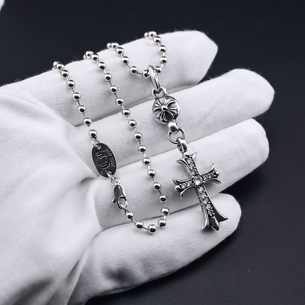 Chrome Hearts classic diamond round bead cross necklace