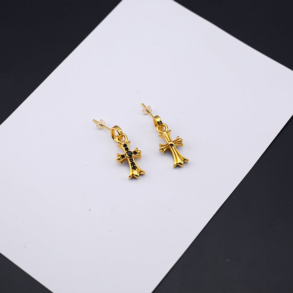 Chrome Hearts 24k gold cross diamond earrings