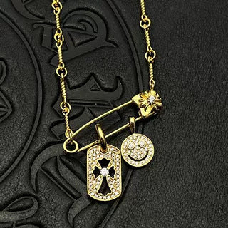 Chrome Hearts Gold Tag Full Diamond Smiley Face Diamond-Inlaid Pin Necklace
